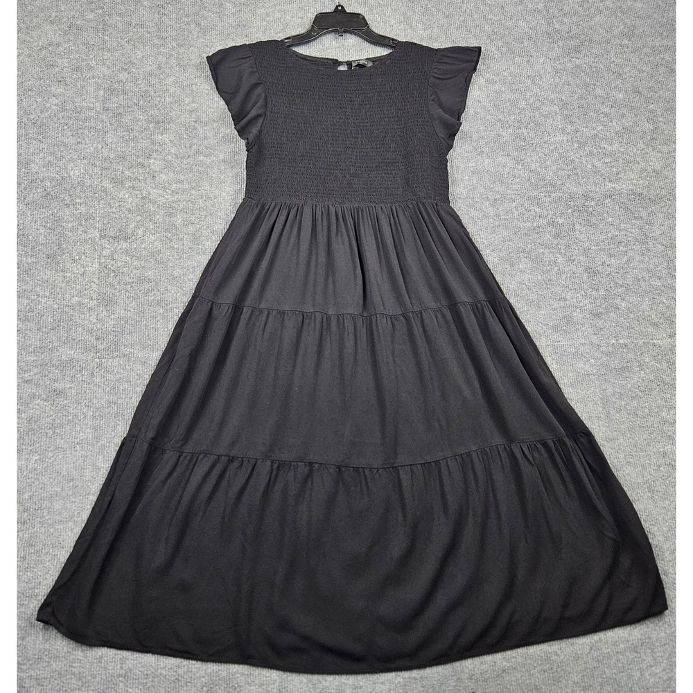 ZESICA Blk Smocked Tiered Midi Dress Flutter Sleeve Pockets XL Boho Cottagecore